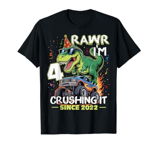 4th Birthday Monster Truck Dinosaur 4 Years Old Birthday Boy T-Shirt