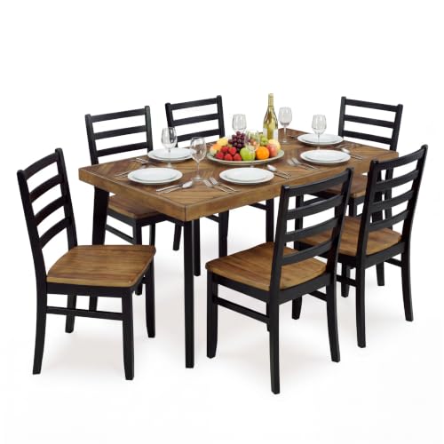 Image of Signature Design by Ashley Blondon 7-Piece Wood Dining Table Set for 6 | Rubberwood solids, Acacia veneer, MDF substrates, Solid wood frames, Wipe-clean hard seats for easy maintenance