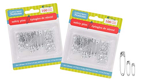 Crafters Square Safety Pins, Assorted Sizes, 100 Count, 3 Sizes 0.75 in, 0.875 in and 1.5 in (2 Pack) Total of 200