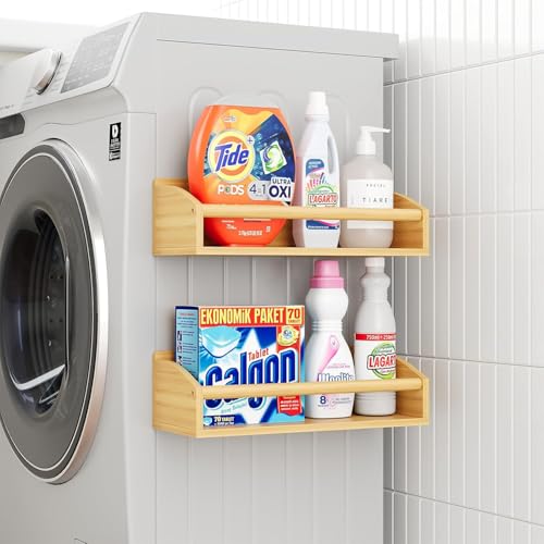 Image of 2 Pack Magnetic Spick Rack for Refrigerator, Fridge Organizer Shelf, Bamboo Wood