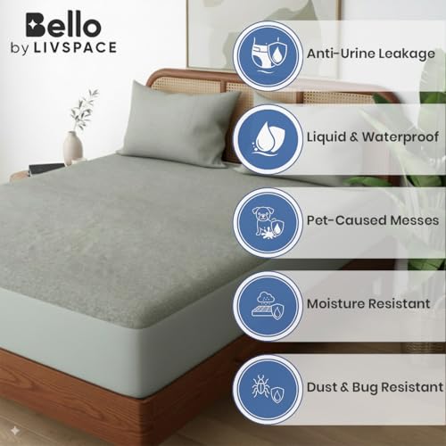 Image of Livspace 100% Waterproof Premium Cotton Mattress Protector King Size | 78 inch x 72 inch | Mattress Cover, Noiseless, Breathable & Hypoallergenic Bed Protector, Fits Upto 10 inch - Bello Pure Canopy (Steel Grey)