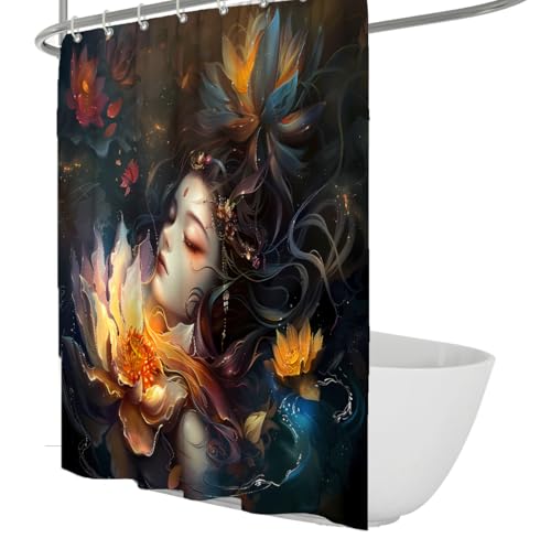 Dark Fantasy Beauty Shower Curtain Ethereal Woman Floral Design Waterproof