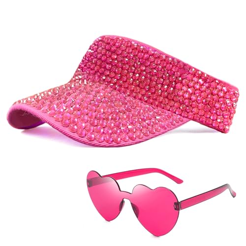 Sparkling Rhinestone Adjustable Sun Visor Hat with Heart Party Sunglasses for Women Perfect for Golf Disco Cowgirl Style (Rose)
