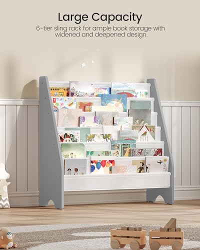 6-Tier Kids Bookshelf, Kids Sling Bookcase, Magazine and Book Storage Rack, Large Capacity Book Organizer, Book Shelf for Kids Room, Bedroom, Nursery, Playroom, White and Gray MCW07WG - Image 5