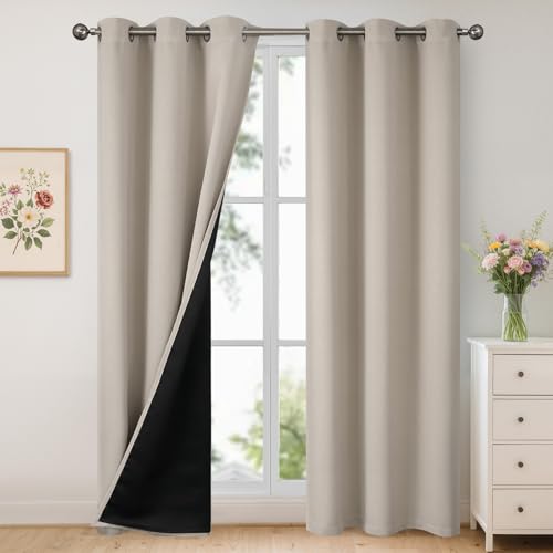 YoungsTex Light Camel 100% Blackout Curtains 84 Inches Length for Bedroom, Grommet Thermal Insulated Drapes for Living Room with Heat and Light Blocking Liner Privacy, 2 Panels, 42 X 84 Inch
