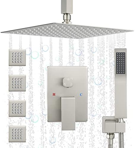 (Updated) JetsBath Shower Jets Rain Shower System with 12'' Ceiling Shower & Hand Shower, Overhead Full Body Shower System with Body Spray Jets Brushed Nickel Rain Shower Set, JB3412C-BN