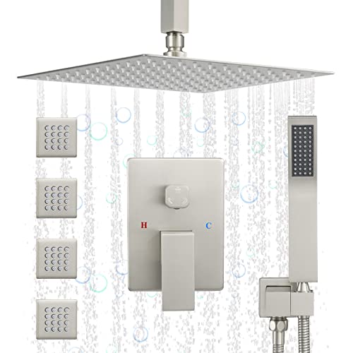 (Updated) Jetsbath Shower Jets Rain Shower System With 12'' Ceiling Shower & Hand Shower, Overhead Full Body Shower System With Body Spray Jets Brushed Nickel Rain Shower Set, Jb3412C-Bn #TOP1