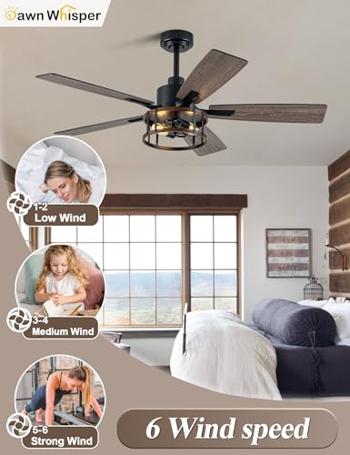 Image of Dawn Whisper Farmhouse Ceiling Fans with Lights 52 Inch Black Caged Rustic Ceiling Fan for Bedroom Living Room and Patio Reversible Quiet DC Motor 6 Speeds