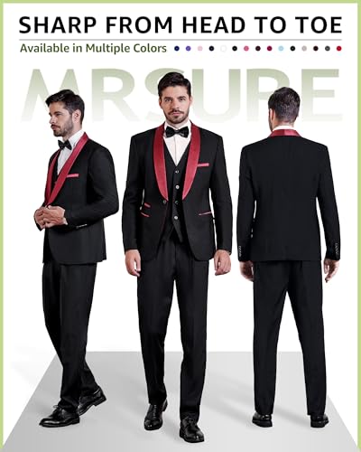 MrSure Men’s 3 Piece Slim Fit Suit, One Button Shawl Lapel Tuxedo, Premium Dinner Jacket Vest Pants & Tie Set2