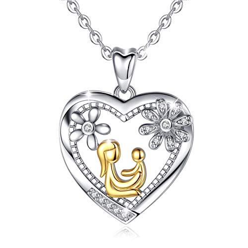 AEONSLOVE Collar Oro Bicolor Plata de Ley 925 con Circonita Mam&aacute; Abraza al ni&ntilde;o Flor...