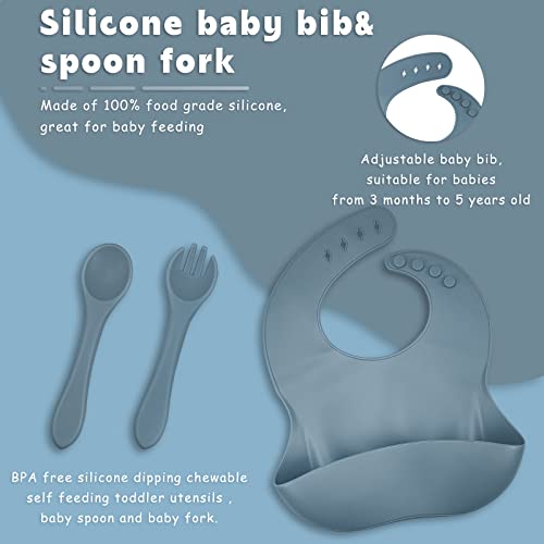 Tqonep Silicone Baby Feeding Set,Baby Led Weaning Supplies Suction Divided Plates Adjustable Silicone Toddler Soft Bowl Spoons Forks Silicone Toddler Cup Bpa Free（Blue & Gray 12 Pack） #TOP1