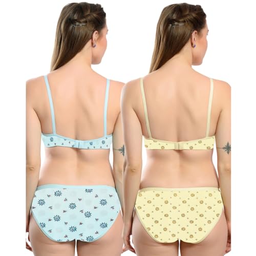 Image of Solid Printed Polka Cotton Bra & Panty Lingerie Set Combo for Women S to 3XL
