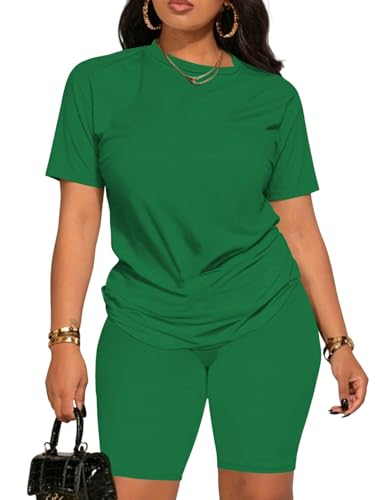 Ulovmi Women 2 Piece Outfits Summer Sweatsuits Track Suits Biker Short Workout Jogger Sets Green XXL