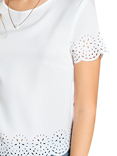 SheIn Women's Casual Round Neck Summer Short Sleeve Scallop T-Shirt Top Blouse Pure White Medium