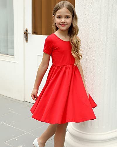 Stelle Girls Dress Short Sleeve Toddler Skater Twirl A Line Solid Color T-Shirt Dress for School Casual(A02-Red (Without Pocket), 3 T) — view 5