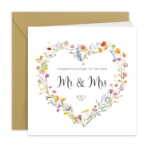Image of Wedding Card for Bride and Groom Flower Heart Congratulations to the New Mr and Mrs with Gold Lustre Envelope