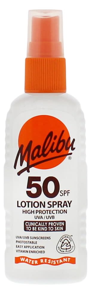 Malibu Sun SPF 50 Lotion Spray High Protection Sun Cream Spray Vitamin Enriched Moisturising Sunscreen Lotion for Body Water Resistant 100ml