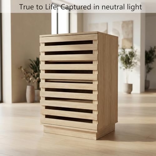 holzart Modern Slatted Wood Audio Component Cabinet, 4-Tier Stereo Equipment Rack Media Stand with Ventilated Door & Cable Management, Oak Finish 35.4\" Tall