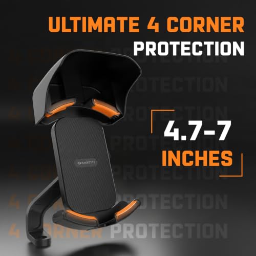 Image of Amkette iGrip Secure X2 Mobile Holder for Bike & Scooty with Mirror Mount, One Press Lock & Unlock, Built in Sunshade, Anti Slip Silicone Grip, 4 Corner Clamping, Compatible with 4.7 inch-7 inch Smartphones