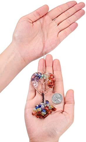 CrystalTears Chakra Healing Crystals Car Hanging Ornament Handmade Tree of Life Wire Wrapped Heart Shape Quartz Crystal Stone Car Rear View Mirror Hanging Acceissories Wall Home Chritsmas Decor