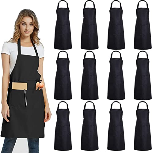 12 Pack Bib Apron - Unisex Cofee Apron Bulk with 2 Roomy Pockets Machine Washable for Kitchen Crafting BBQ Drawing