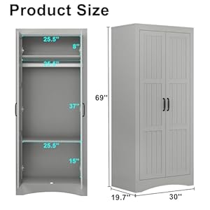 2 Door Wardrobe Modern Freestanding Armoire Closet with Shelve and Metal Hanging Rod Gray Wood Bedroom Guestroom and Office Clothes Organizer Cabinet