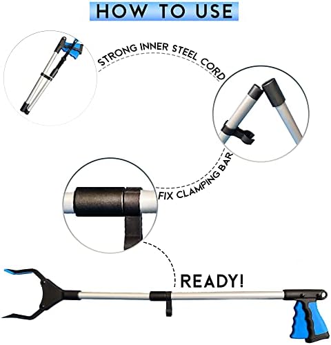 Khzer 32''Aluminum Litter Pickers, Foldable Reaching Aids for Adults & Disabled with 360° Rotating Head and Magnetic Claw - Lightweight Pickers Adults- Multipurpose Grabber Stick, Silver, Blue