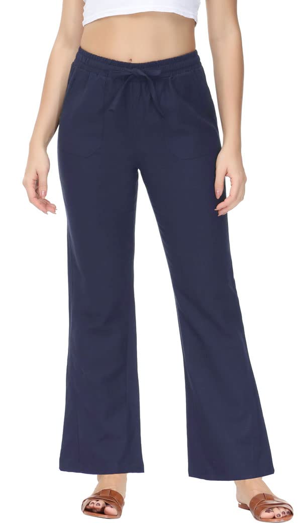 Soojun Womens Casual Linen Blend Elastic Waist Flared Pants