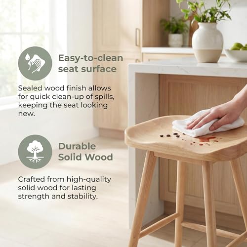 Image of HNY Backless Counter Height Bar Stools Set of 2, 24'' Rustic Farmhouse Wooden Saddle Stools Ergonomic-Seat Bar Chairs, Bar Height Barstools for Kitchen Counter Island, Natural
