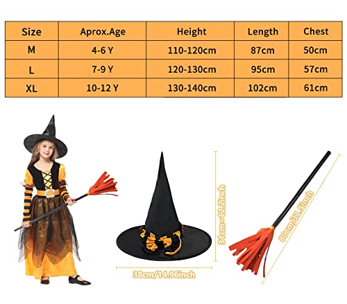 Witch Costume Girls Halloween Witch Dress Costumes Kids Deluxe Set Witch Hat Broomstick Halloween Candy Bags Fancy Dress Up Party (Xl, Orange) #TOP6