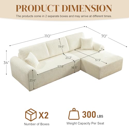 Image of 110 inch L Shaped Boneless Sectional Couches for Living Room, Comfy Corduroy Floor Cloud Sofa with Chaise, Wide Armrest, Deep Seat, Memory Foam, Assembly Free, Ideal for Small Spaces, Beige