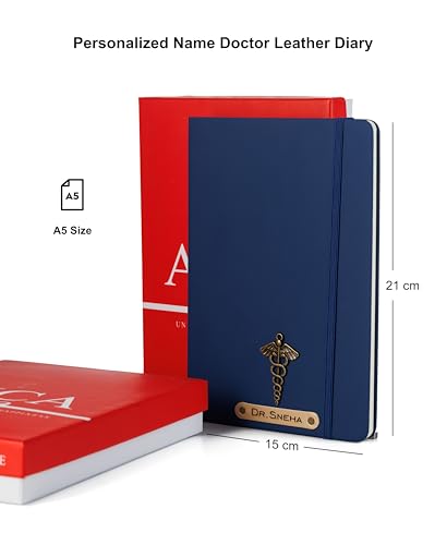 Image of AICA Personalized Name & Charm Doctor Leather Notebook Diary - A5 Size, 180 Ruled Pages (Navy Blue) | Customized Gift for Doctors Retirement Farewell Appraisal Birthday For Men Women Girls Boys
