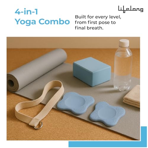 Image of Lifelong Yoga combo set of 5 For Men And Women I 4mm Yoga mat, 6ft Belt, Yoga block, 2 Knee Pad