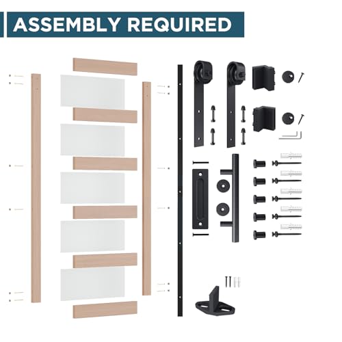 32 x 84 in Frosted Glass and Manufactured Paneled Wood Barn Door with Installation Hardware Kit