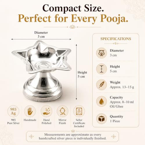 Image of Silver 5 Flame Diya /Deepam /Silver Lamp - Silver Pooja Items for Home, Return Gift for Navarathri, Wedding, Housewarming & Other Festivals | Handcrafted | Worship God (GH1034)