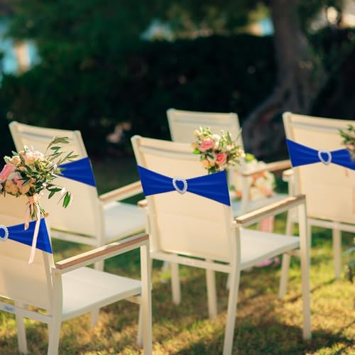 VitalCozy 100 Pcs Spandex Chair Sashes with Heart Shaped Buckle Slider Stretch Chair Cover Band Universal Elastic Ties for Wedding Banquet Event Party Decoration(Royal Blue)