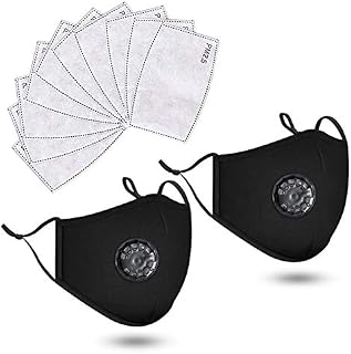 Pack of 2 Cotton Dust Protective Face Mask with Breathable Filter and 5x Carbon Air Filters - Washable & Reusable Soft Mouth Protector with Adjustable Straps (Black)