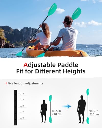 Abahub Kajak Paddel verstellbar 210cm bis 230cm 3teilig Doppelpaddel Schwimmende Kajakpaddel Bootsruder Kanuruder für Kajakfahren Aluminiumlegierungs Schaft Kunststoff Klingen Mint Green