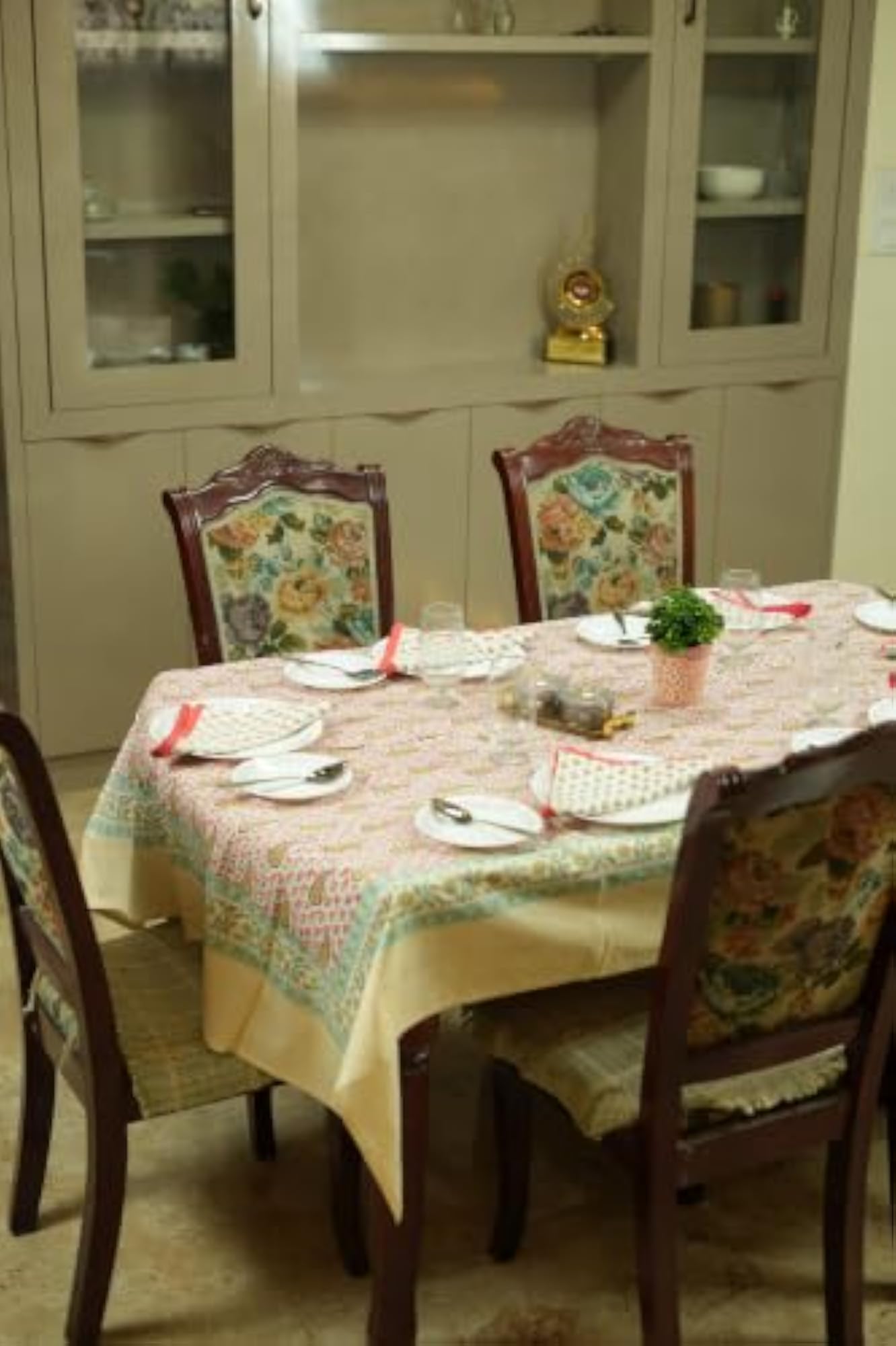 Floral Block Print Cotton Tablecloth, Pink (72x90 inches)