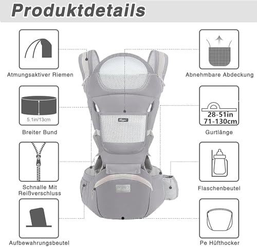TOFFCAEA 6-in-1 Babytrage Neugeborene, Babytrage Ergonomische Reine Baumwolle Leicht, verstellbarer Sitz, für Neugeborene von 3 bis 36 Monate (3,5 bis 20 kg)(Hellgrau Taillenumfang 71-130cm)