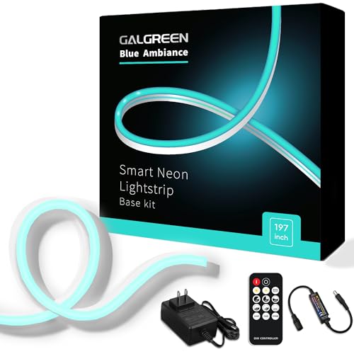 Image of Neon Rope Lights, 16.4ft Rope Lights with Dimmable Remote and Adapter, Waterproof Flexible Smart Led Strip Lights for Bedroom, Super Bright, DIY Neon Sign, Indoors Outdoors Decor, Ice Blue