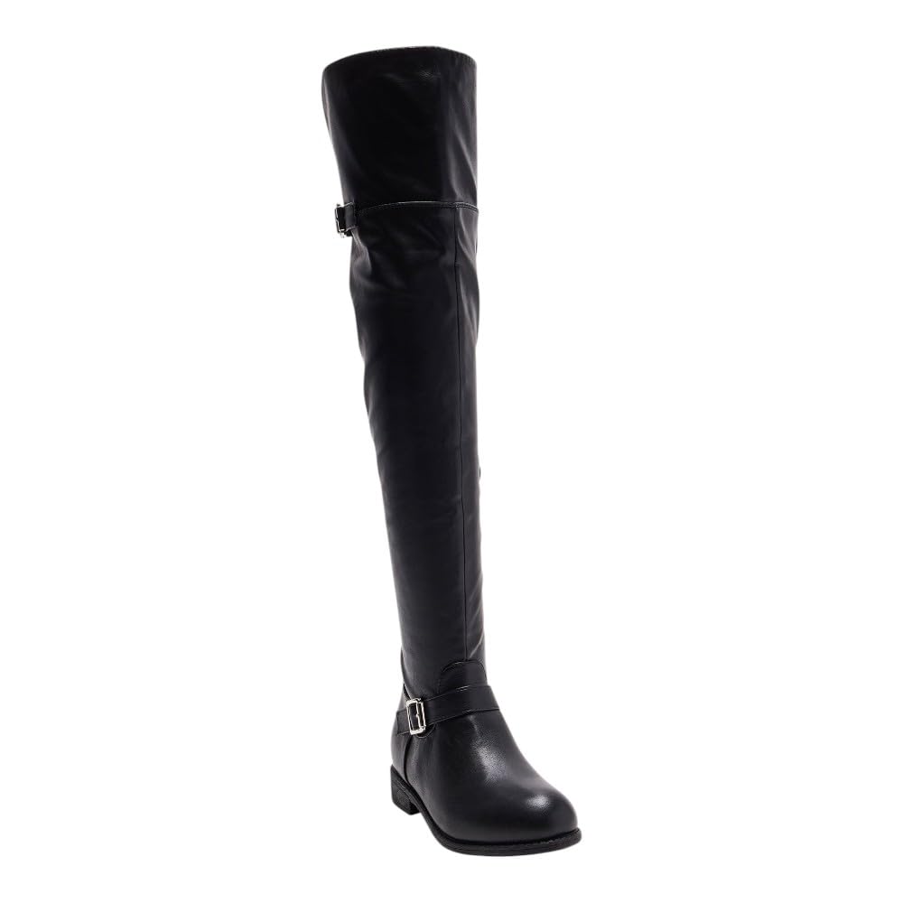 Wild Diva Women Thigh High Flat Heel Over the Knee Buckle Riding Boots