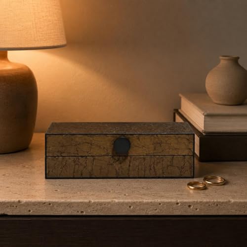 FytStycale Small Jewelry Organizer Box Storage Case Casket Tray With Lidded Top And Front Knob In Wood Leather And Metal Essentials Suitable for bedroom dresser, Large 30.5x16.2x7.5cm - Image 6