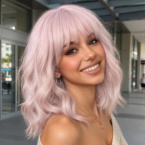 Nnzes Pink Wigs for Women 16 Inch Synthetic Short Wavy Wig with Bangs
