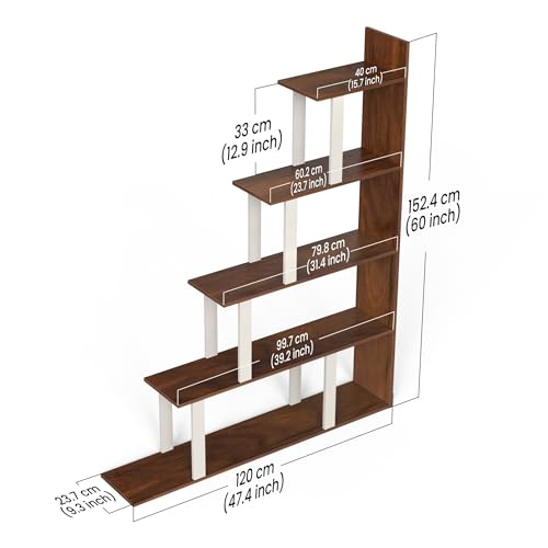 Image of BLUEWUD Wolabey Engineered Wood Ladder Style Bookshelf Cabinet Book Rack Organizer with Shelves for Decor Display, Cabinet Wall Floor Standing for Home (Brown Maple & White)