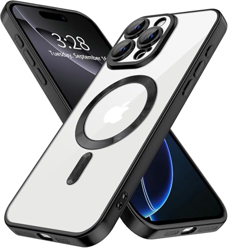 Image of VONZEE Electroplating Transparent Clear Logo Back Cover TPU Compatible with iPhone 16 Pro Case, Compatible with Magsafe, Full Body & Individual Camera Protection for Each Lens for Men & Women (Black)