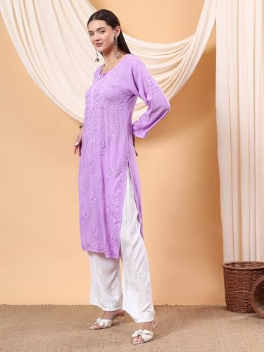 Image of POSHAK CHIKAN STUDIO Women's Hand Embroidered Lucknowi Chikankari Modal Straight Long Kurta, heer