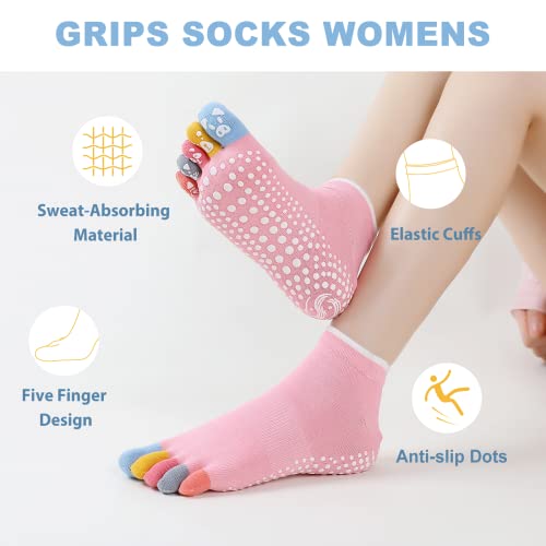 CaiDieNu Yoga Socks for Women, Non Slip Full Toe Socks with Grips for Pilates Barre Dance Ballet Hospital, 3 Pairs2