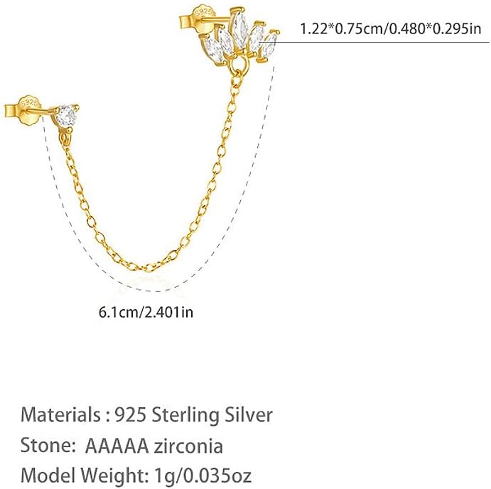 Cute Leaf CZ Round CZ Double Piercing Cuff Wrap Huggie Stud 925 Sterling Silver Earrings for Women Cartilage Two Holes Fashion Crystal Horse Eye Teardrop Climber Crawler Chain Threader Dangle Drop Hypoallergenic Jewelry Gift