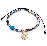 Saint Michael Bead Adjustable Bracelet for Women, Protection Cross Religious Medal (Blue and Brown)